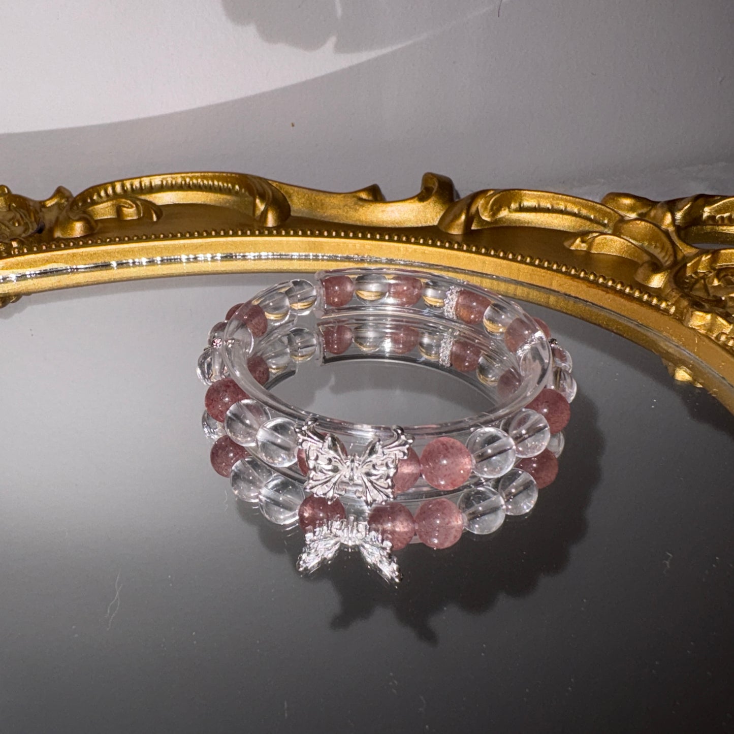 Strawberry Quartz × Clear Quartz | Silver Butterfly Bracelet