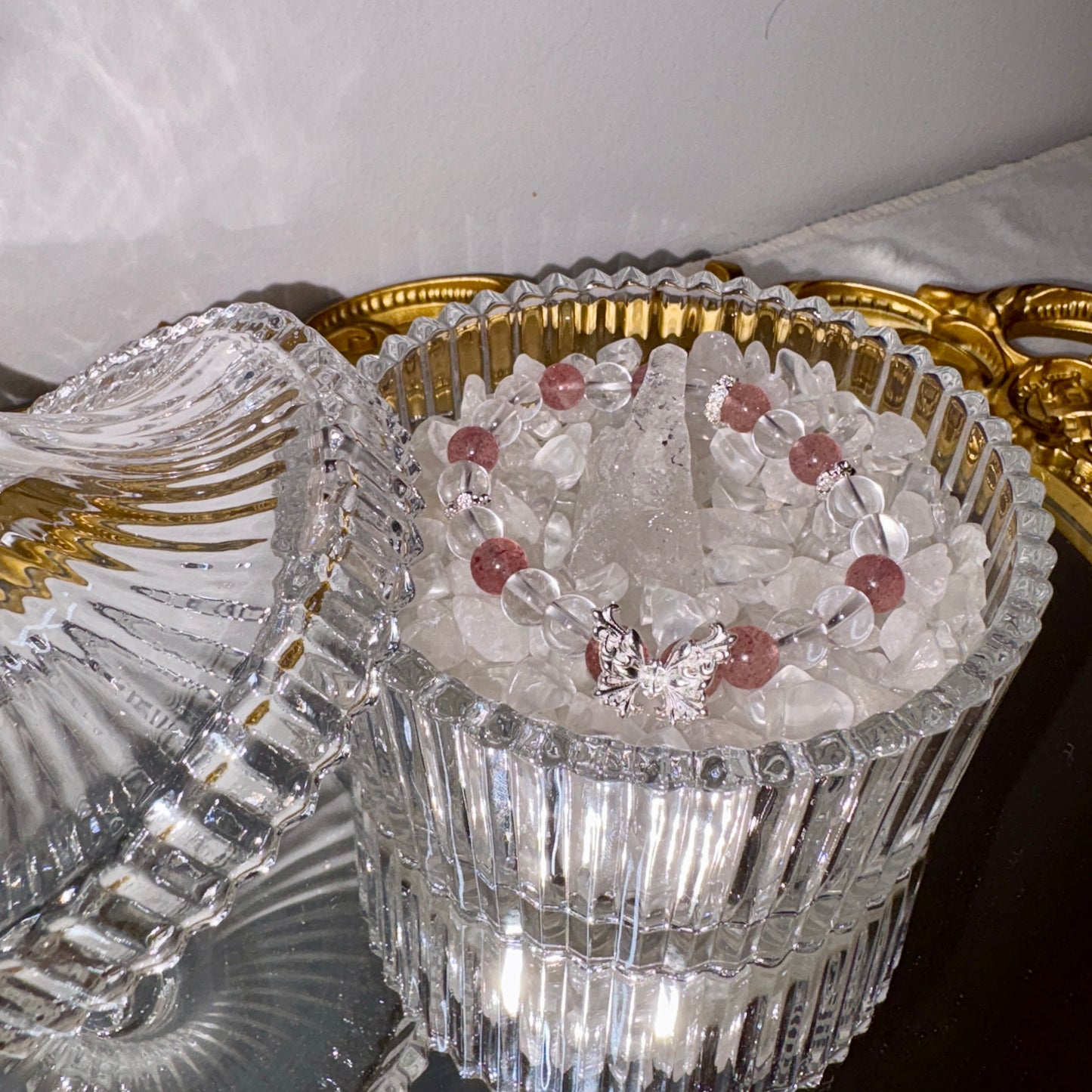 Strawberry Quartz × Clear Quartz | Silver Butterfly Bracelet