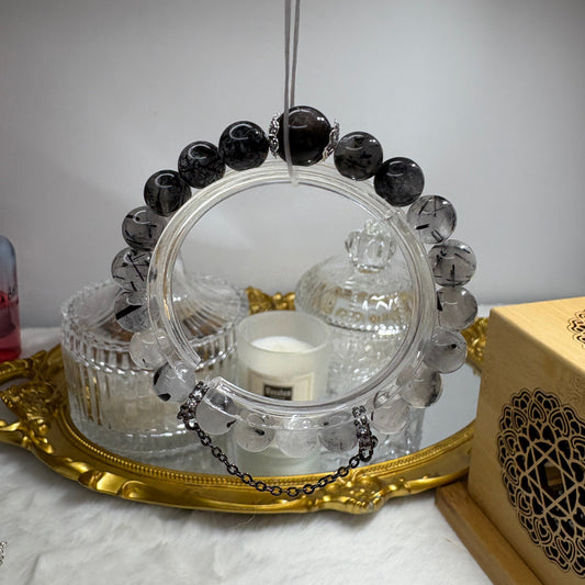 Black Rutilated Quartz × Silver Obsidian | Shield & Power Bracelet