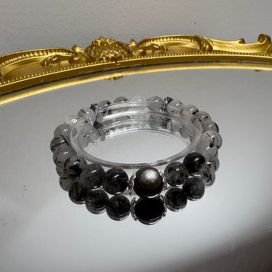 Black Rutilated Quartz × Silver Obsidian | Shield & Power Bracelet