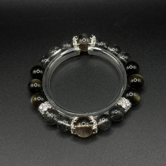Smoky Quartz × Golden Obsidian × Black Rutilated Quartz | Triple Protection Bracelet